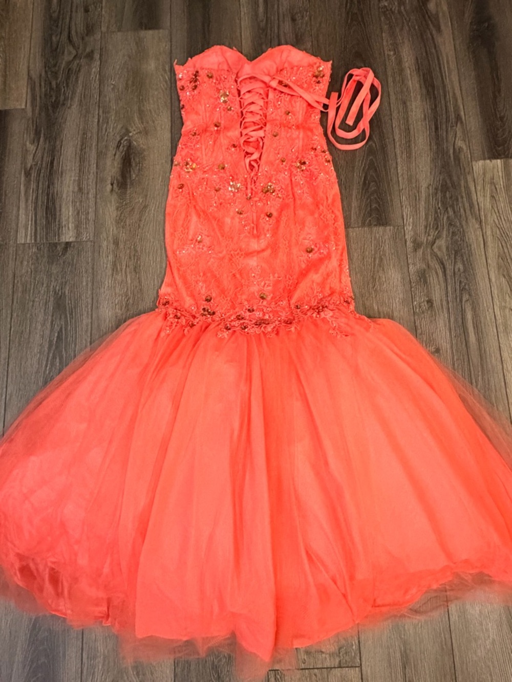 Anny Lee Coral Lace Mermaid Prom Dress Beaded Formal Gown Small Pageant Event - Picture 13 of 16